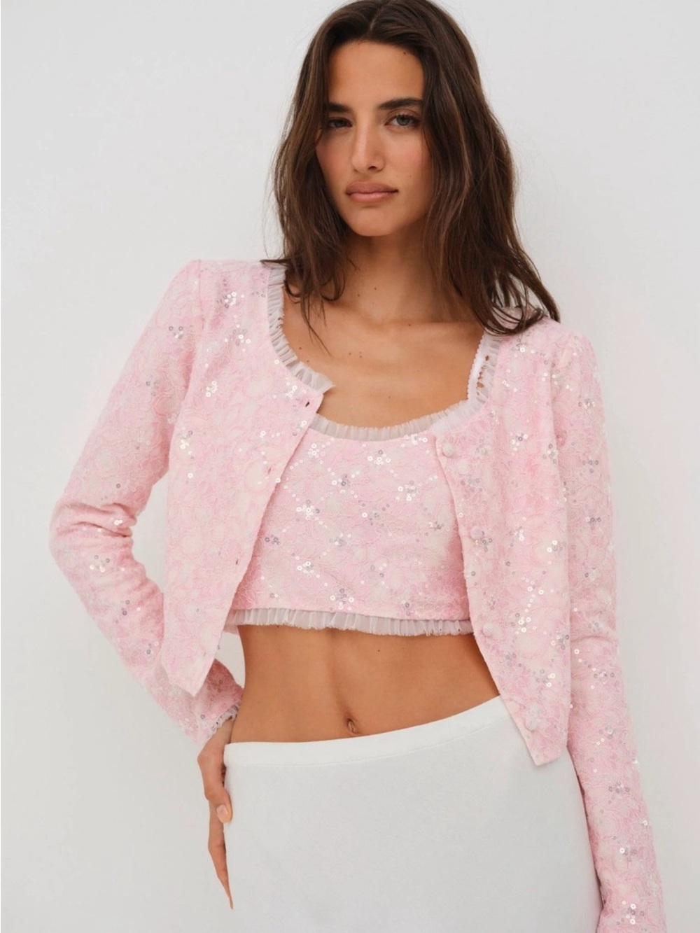 NWOT For Love and Lemons Pink Sequined Cropped Jacket